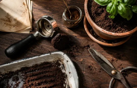 zaț de cafea încorporat în pământul dintr-un ghiveci