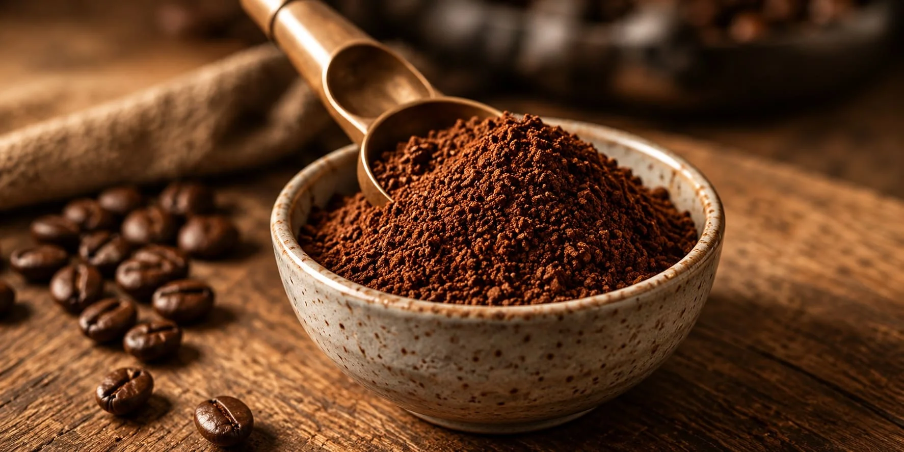 Cafea proaspăt măcinată într-un bol ceramic